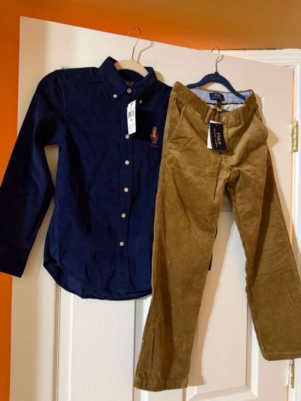 Ralph Lauren Navy Button‑Down Oxford Shirt with Tan Corduroy Pants
